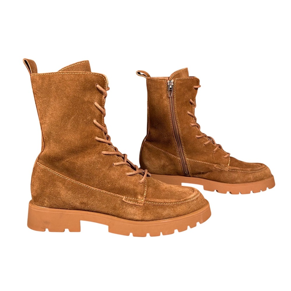 Dolce Vita Erlene Combat Boots Suede Lace Up Brown Lug Sole Side Zip Womens 7.5